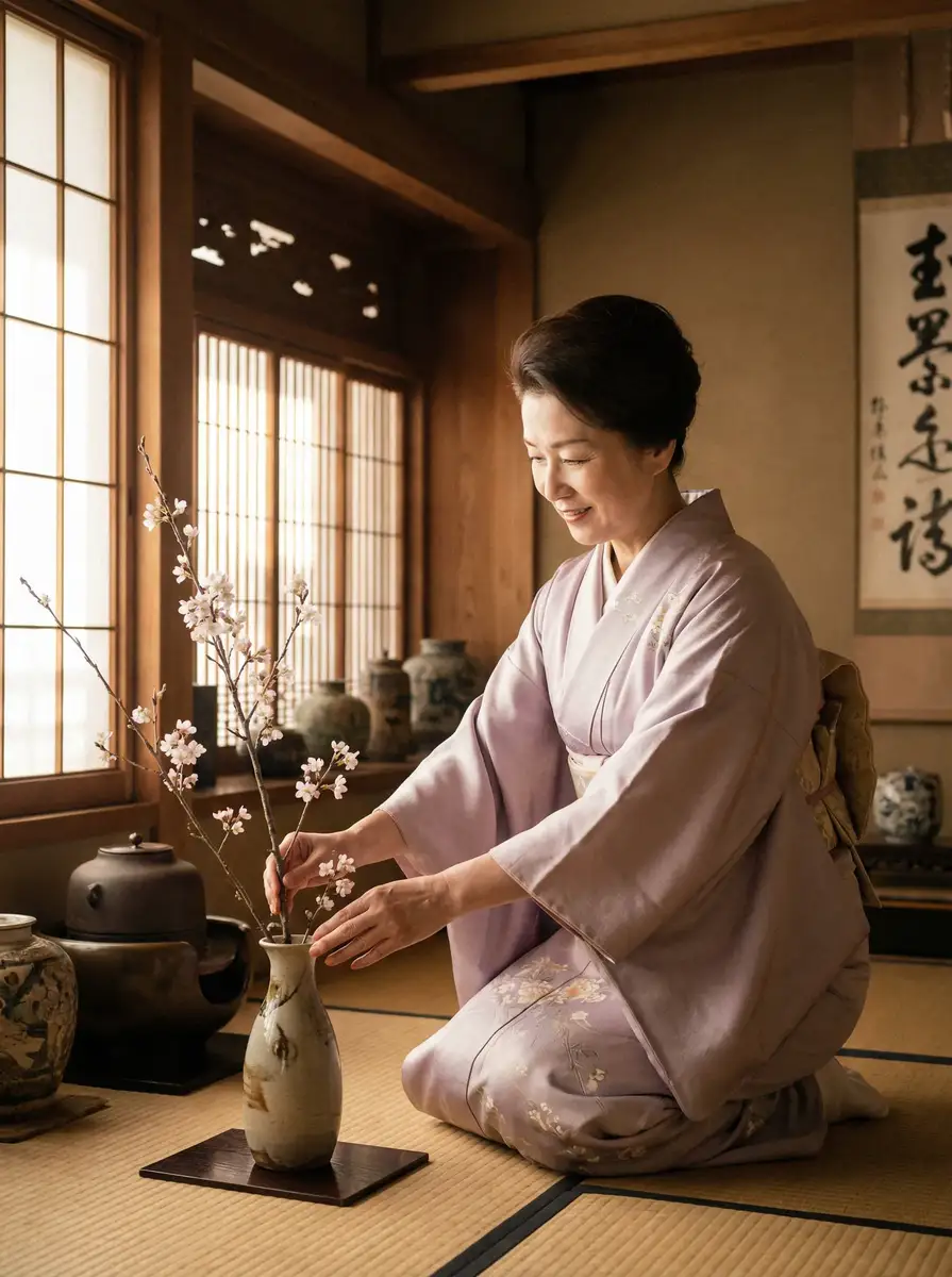 一位优雅的 欧宝体育平台 在和室中插花